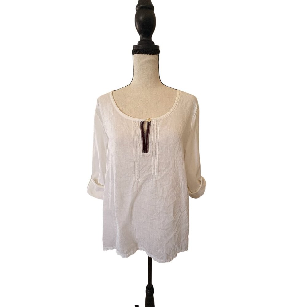 Hammerschmid German Linen Top With Roll Tab Sleeves Velvet Keyhole Trim L